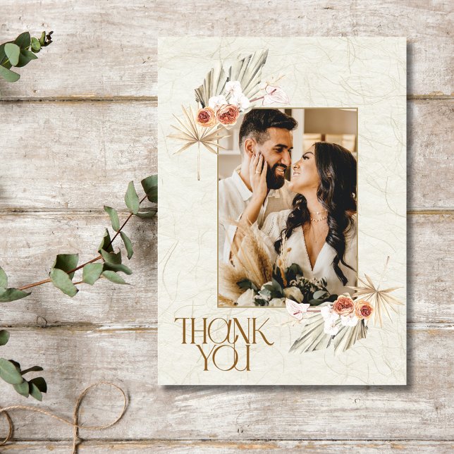 Cartão de Agradecimento de Casamento com Foto Flor (Boho Floral Photo Wedding Thank You Card)