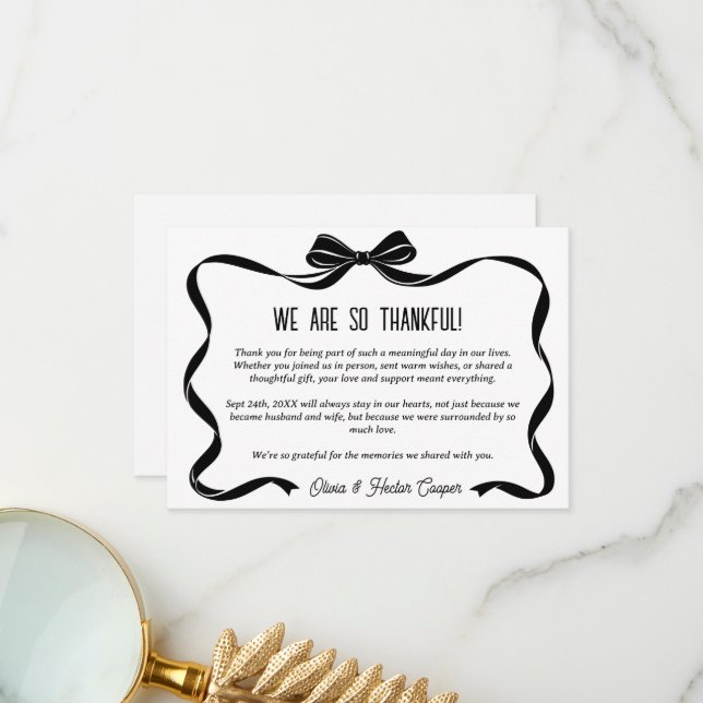 Cartão de agradecimento de casamento com laço pret (Frente/Verso In Situ)