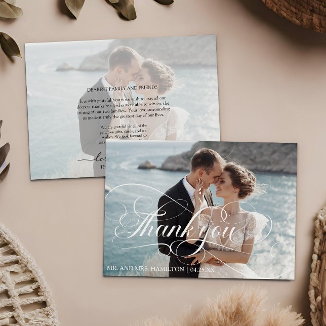 Cartão de Agradecimento de Casamento com Letra de  (Photo Calligraphy Script Wedding Thank You Card)