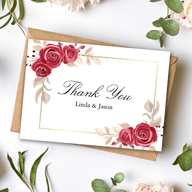 Cartão de Agradecimento de Casamento com Moldura D (Red floral gold frame thank you card adds rich elegance to heartfelt wedding thanks.)