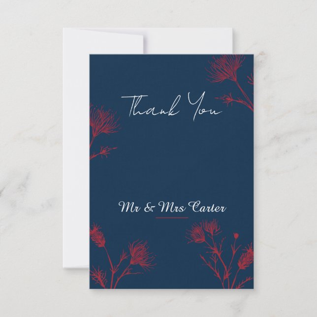 Cartão de Agradecimento de Casamento Dark Navy Red (Frente)