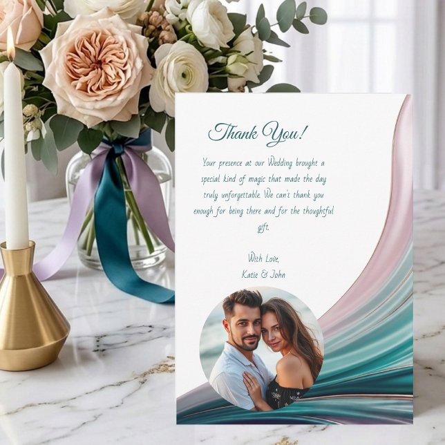 Cartão de Agradecimento de Casamento de Seda Azul  (Teal & Blush Silk Wedding Thank You Card)
