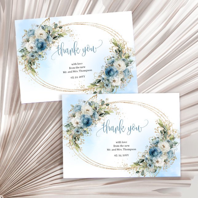 Cartão de agradecimento de casamento dourado azul  (Organic Dusty Blue Gold Wedding thank you card)