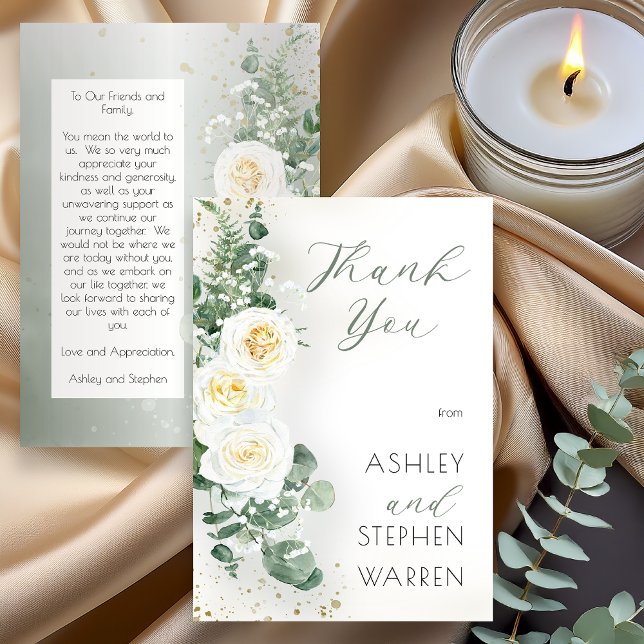 Cartão de Agradecimento de Casamento Elegante com  (Elegant eucalyptus greenery wedding thank you card with white roses and gold accents)