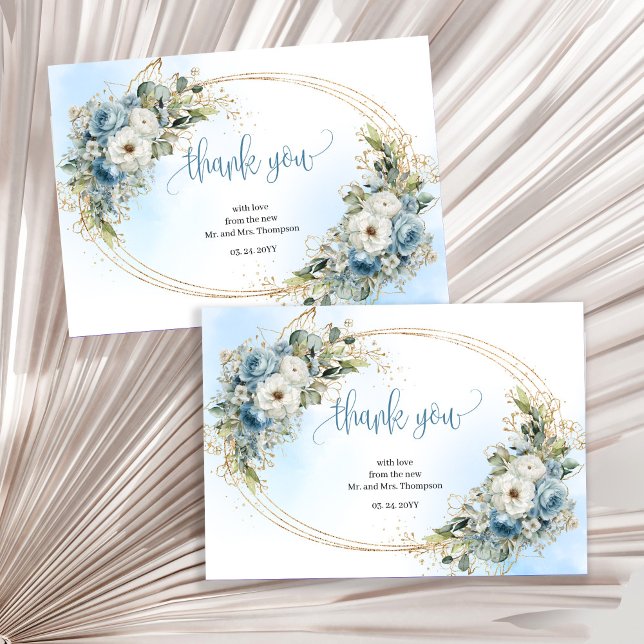 Cartão de agradecimento de casamento em azul doura (Soft Dusty Blue Gold Wedding thank you card)