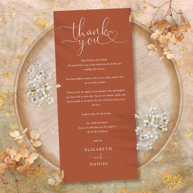 Cartão de Agradecimento de Casamento em Script Ter (Terracotta Script Wedding Thank You Place Card)