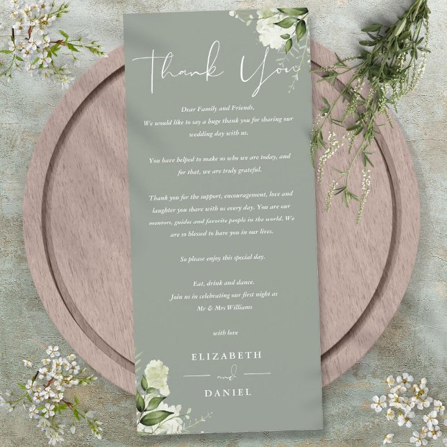 Cartão de Agradecimento de Casamento em Verde Oliv (Sage Green Greenery Wedding Thank You Place Card)