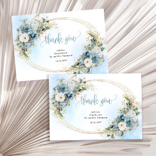Cartão de agradecimento de casamento floral azul e