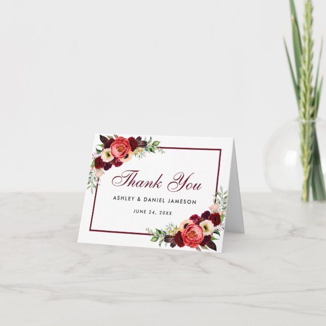 Cartão de Agradecimento de Casamento Floral Boho B (Frente)