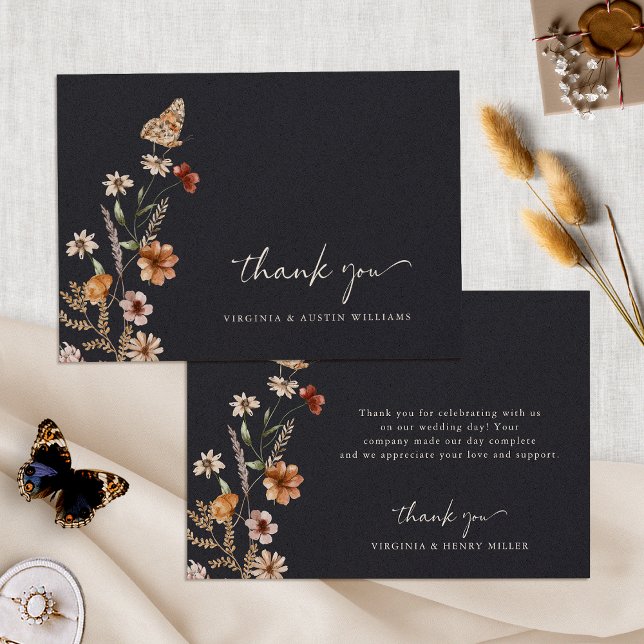 Cartão de Agradecimento de Casamento Floral Boho M (Navy Blue Boho Floral Wedding Thank You Card with Butterfly by Painted Paperie
)