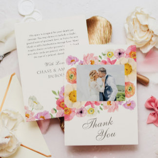 Cartão de agradecimento de casamento floral brilha