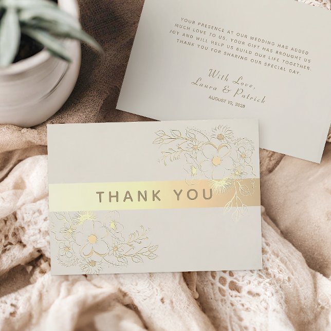 Cartão de Agradecimento de Casamento Floral Dourad (Criador carregado)
