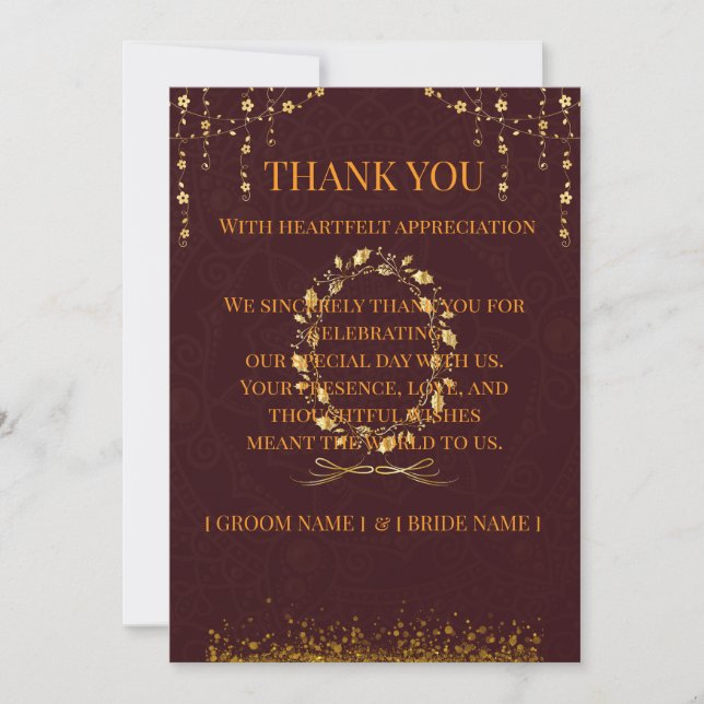 Cartão de Agradecimento de Casamento Marrom Dourad (Frente)