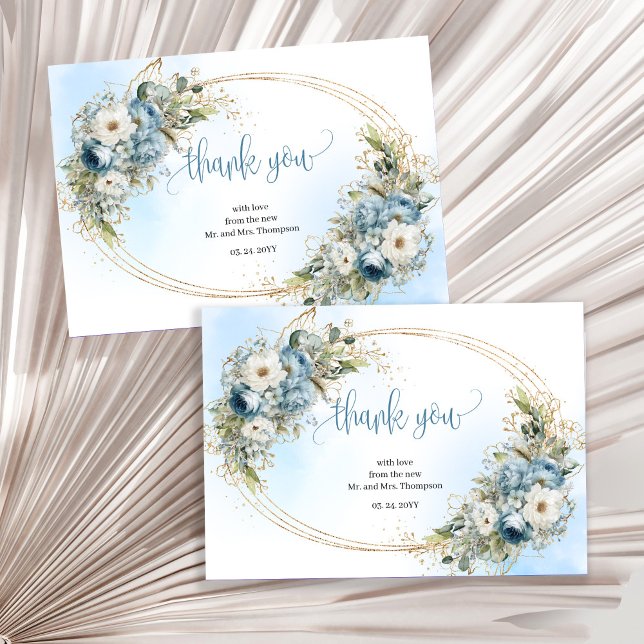 Cartão de agradecimento de casamento Minimal Dusty (Minimal Dusty Blue Gold Wedding thank you card)