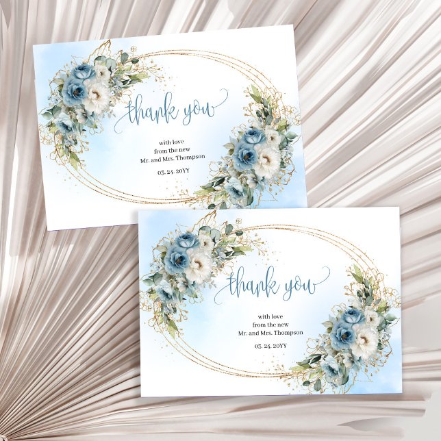 Cartão de agradecimento de casamento Minimal Dusty (Minimal Dusty Blue Gold Wedding thank you card)