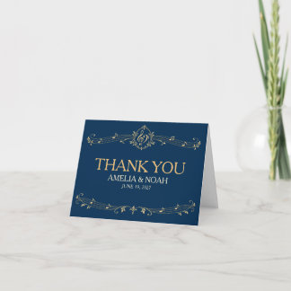 Cartão de Agradecimento de Casamento Navy Dourado