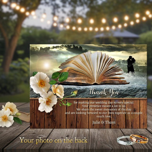 Cartão de Agradecimento de Casamento para Amantes  (Wedding Thank You card featuring a book in a dreamy landscape scene with roses on rustic wood)