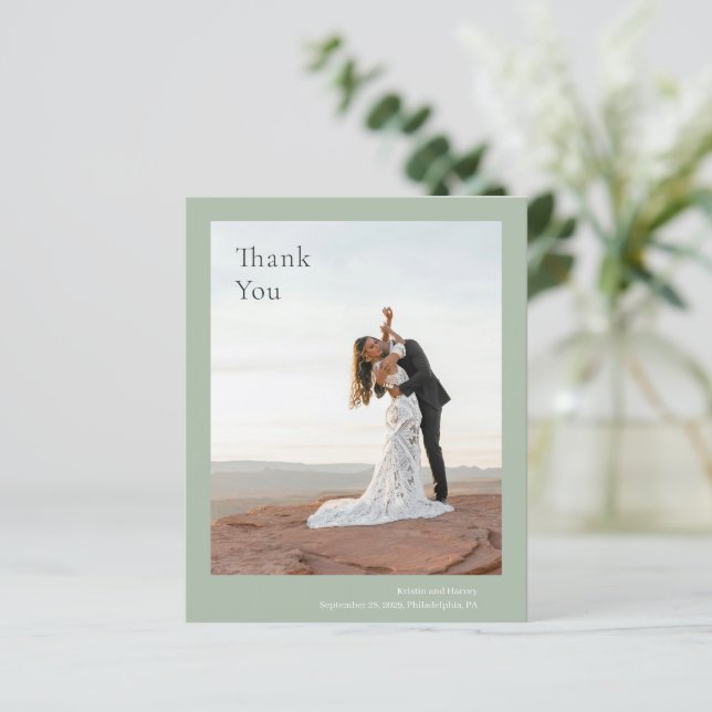 Cartão de Agradecimento de Casamento Verde Sage El (Em pé/Frente)