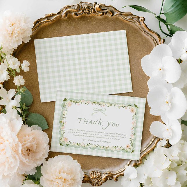 Cartão de agradecimento de chá de bebê floral em x (Sage Green Gingham Floral Baby Shower Thank you Card)