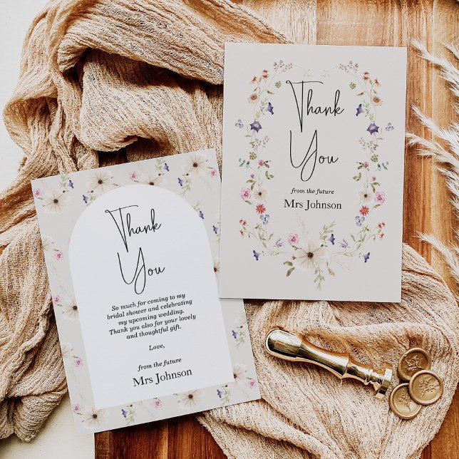 Cartão de Agradecimento de Chá de Noiva de Flor Si (Wildflowers Bridal Shower Thank You Card, Future Mrs Bridal Shower Card, Beige, wildflowers Wreath)