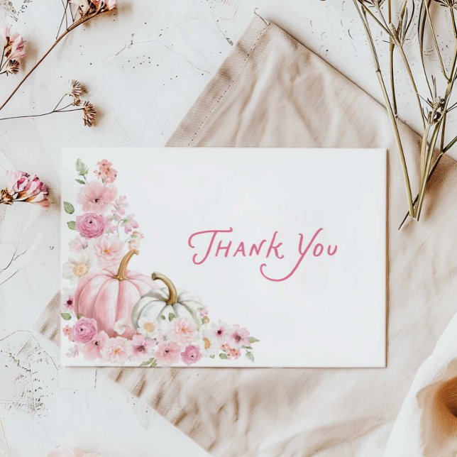 Cartão de Agradecimento de Chás de Bebê Floral com (Girl Pink Pumpkin Floral Baby Shower Thank you card)