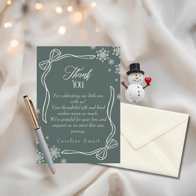 Cartão de Agradecimento de Chás de Bebê Verde Wint (Winter Coquette green Thank You Baby Shower Card)