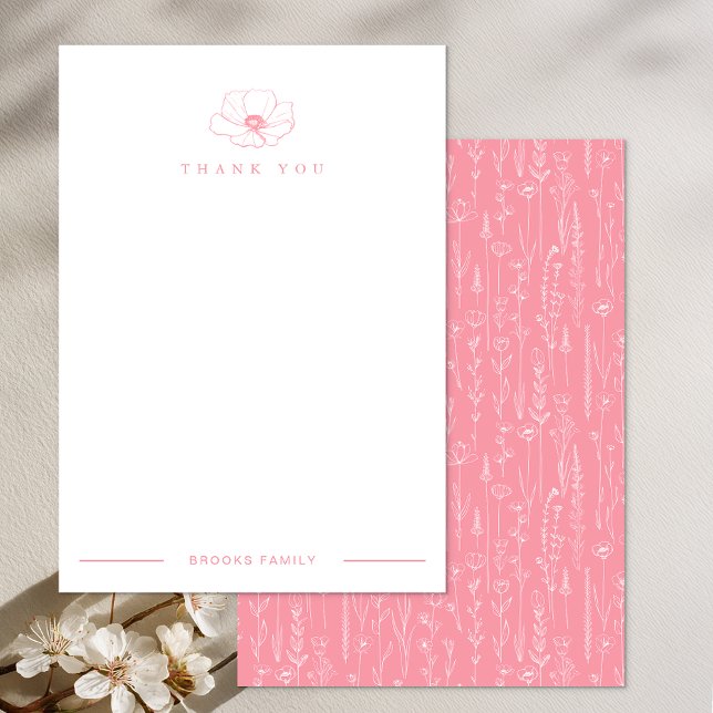 Cartão de Agradecimento de Chuvada de Bebê Flor Si (Pink Blank Thank You Card)