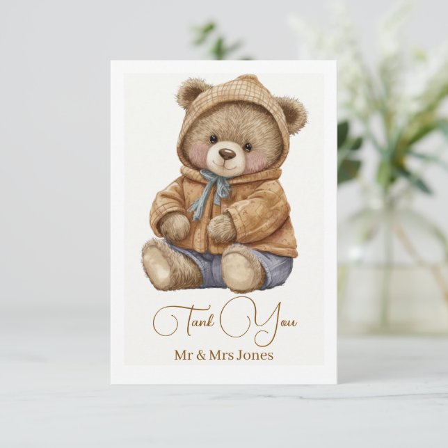 Cartão de Agradecimento de Chuvada de Bebê Urso Te (Em pé/Frente)