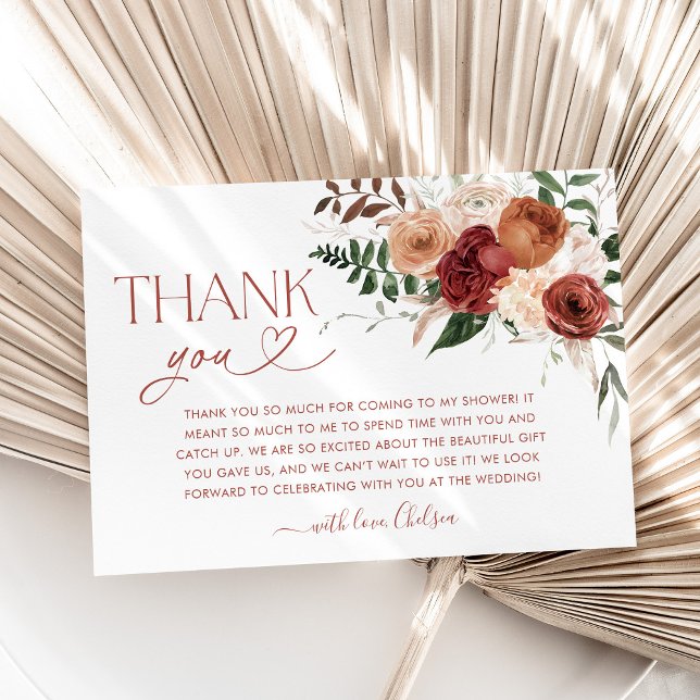 Cartão de Agradecimento de Chuveiro de Noiva Flora (Fall in Love Bridal Shower Thank You card with fall color flowers)