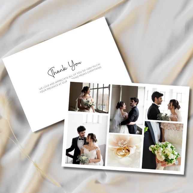 Cartão de Agradecimento de Colagem de Fotos de Cas (Elegant Wedding Photo Collage Thank You Card)