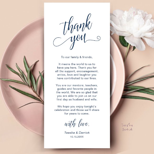 Cartão de Agradecimento de Configuração de Jantar  (Classy Wedding Dinner Place Setting Thank You Card in Navy Blue)