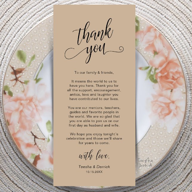 Cartão de Agradecimento de Configuração de Jantar  (Classy Wedding Dinner Place Setting Thank You Card in Brown Tan)