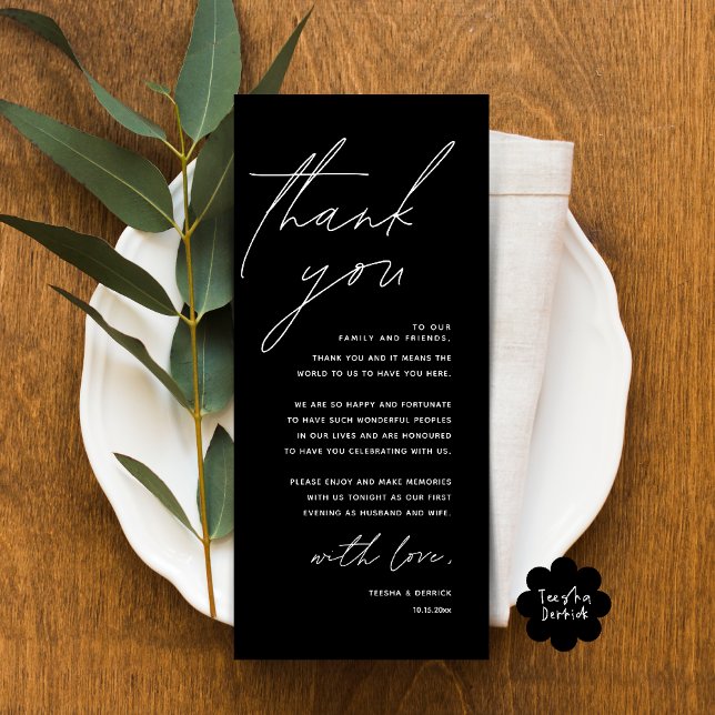 Cartão de Agradecimento de Configuração de Jantar  (Modern Wedding Dinner Lunch Brunch Celebration Place Setting Thank You Card in Classy Black)