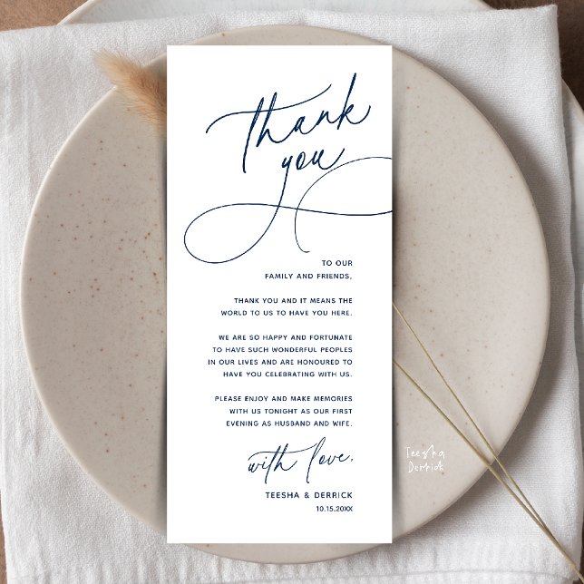 Cartão de Agradecimento de Configuração de Local d (Romantic Wedding Place Setting Thank You Card in Navy Blue)