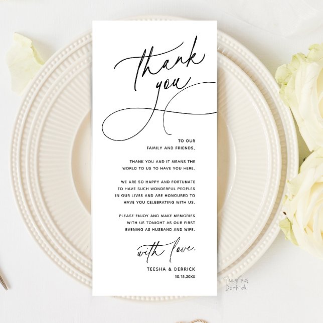 Cartão de Agradecimento de Configuração de Local d (Romantic Wedding Place Setting Thank You Card in Black and white)