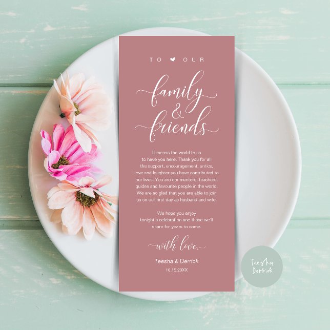 Cartão de Agradecimento de Configuração de Local d (Dusty Rose Pink Wedding Place Setting Thank You Card, Dinner Lunch Brunch Party Celebration)