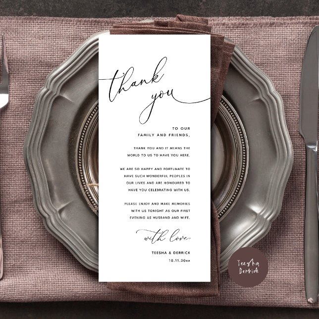 Cartão de Agradecimento de Configuração de Local d (Welcome n Thanks Wedding Reception Dinner Brunch Lunch Thank You Card in Black White)