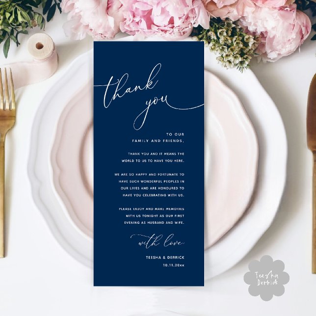 Cartão de Agradecimento de Configuração de Local d (Welcome n Thanks Wedding Reception Dinner Brunch Lunch Thank You Card in Navy Blue)