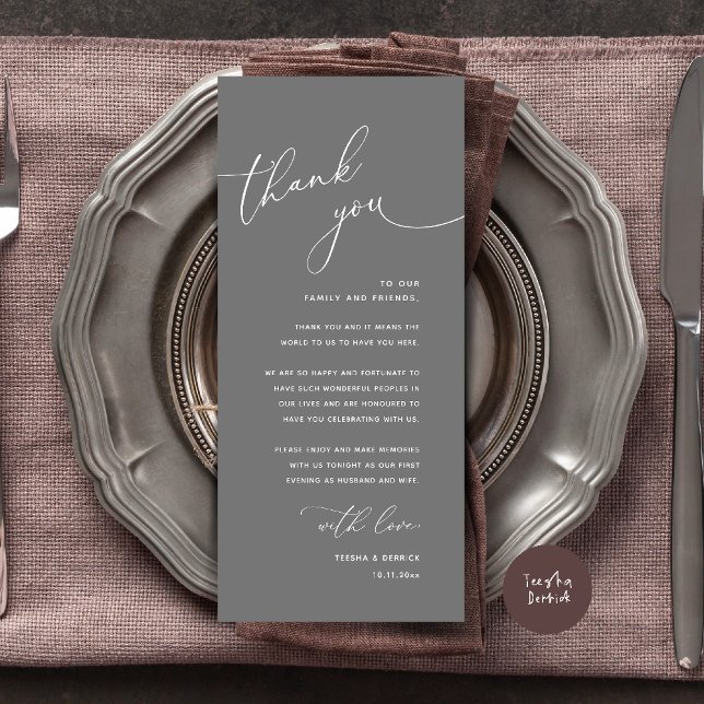 Cartão de Agradecimento de Configuração de Local d (Welcome n Thanks Wedding Reception Dinner Brunch Lunch Thank You Card in Dark Grey)