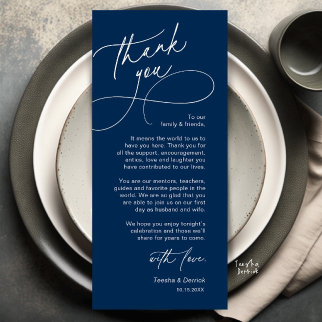 Cartão de Agradecimento de Configuração de Local d (Elegant Wedding Place Setting Thank You Card in Navy Blue)