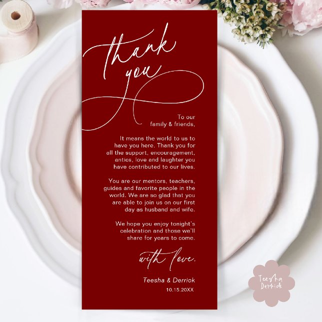 Cartão de Agradecimento de Configuração de Local d (Elegant Wedding Place Setting Thank You Card in Burgundy Wine Red)