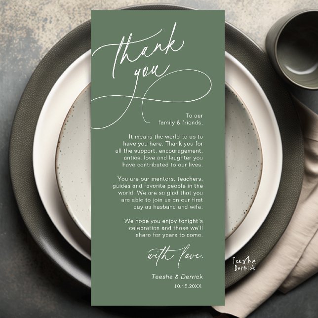 Cartão de Agradecimento de Configuração de Local d (Elegant Wedding Place Setting Thank You Card in Sage Green)