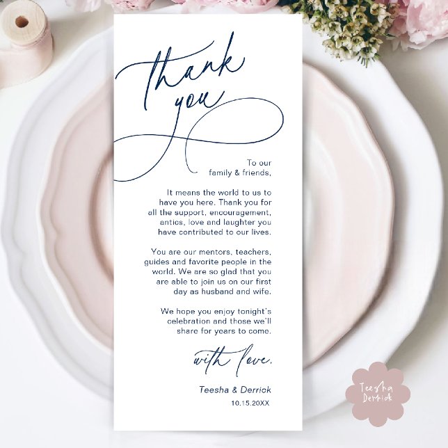 Cartão de Agradecimento de Configuração de Local d (Elegant Wedding Place Setting Thank You Card in Navy Blue)
