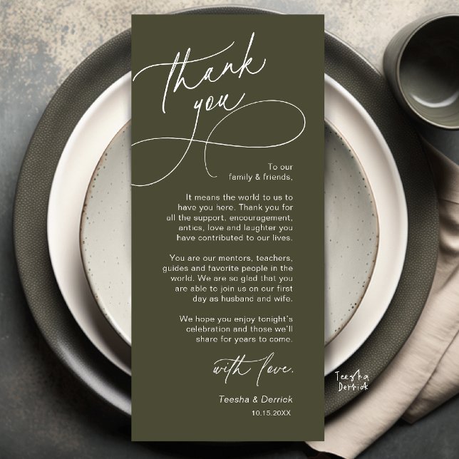 Cartão de Agradecimento de Configuração de Local d (Elegant Wedding Place Setting Thank You Card in Olive Green)