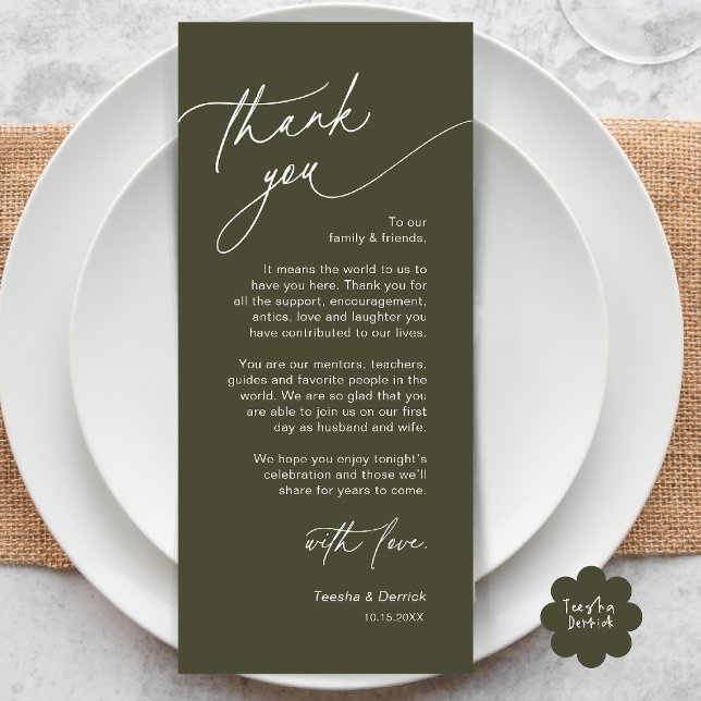 Cartão de Agradecimento de Configuração de Local d (Elegant Wedding Place Setting Dinner Thank You Card in Olive Green)
