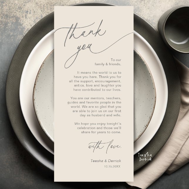 Cartão de Agradecimento de Configuração de Local d (Elegant Wedding Place Setting Thank You Card in Cream and Grey)