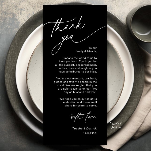 Cartão de Agradecimento de Configuração de Local d (Elegant Wedding Place Setting Dinner Thank You Card in Black and White)