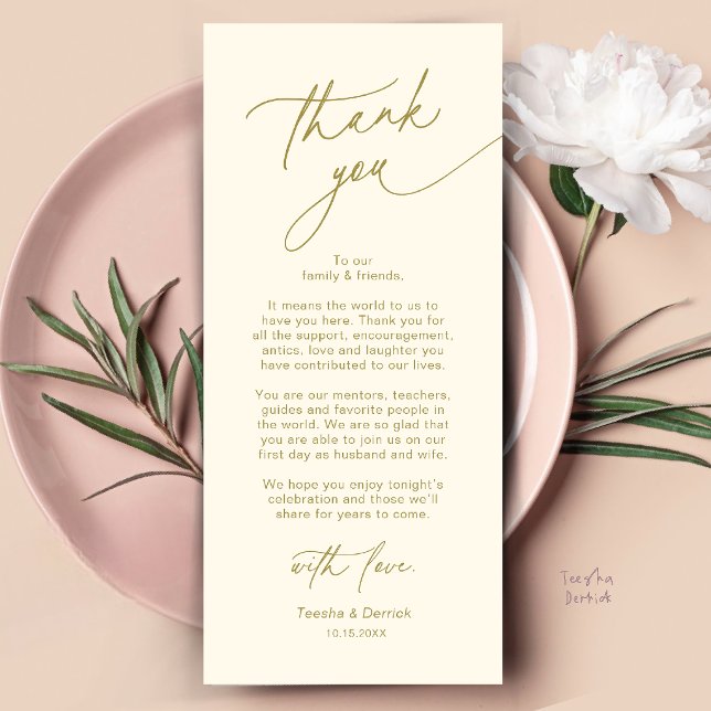 Cartão de Agradecimento de Configuração de Local d (Elegant Wedding Place Setting Dinner Thank You Card in Cream and Gold)