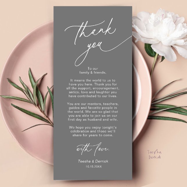 Cartão de Agradecimento de Configuração de Local d (Elegant Wedding Place Setting Dinner Thank You Card in Dark Grey)
