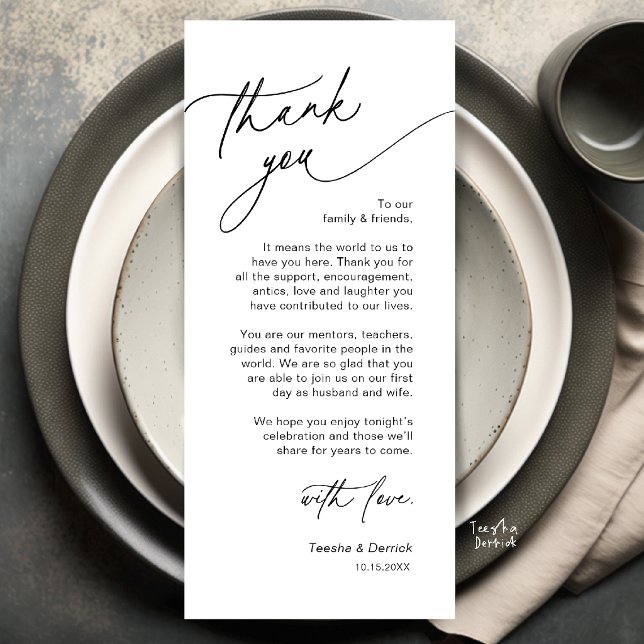 Cartão de Agradecimento de Configuração de Local d (Elegant Wedding Place Setting Dinner Thank You Card in Black and White)
